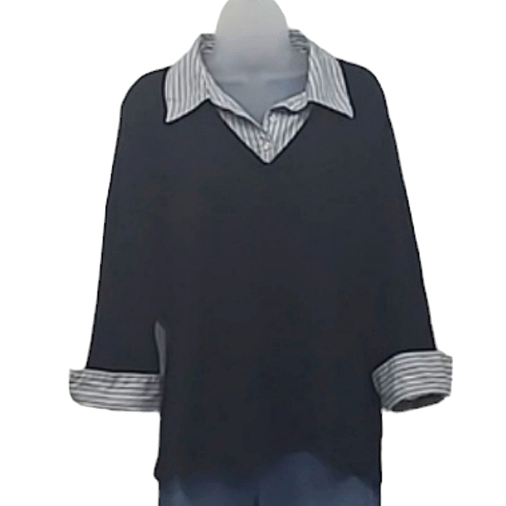 Apt. 9 Layered Look Blouse Pinstriped Collared Lightweight Long Sleeve Knit Top